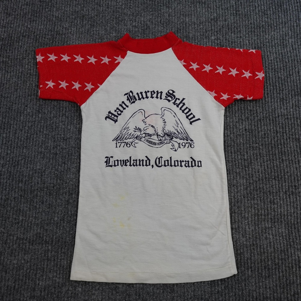 Vintage 1970s Paper Thin Shirt Kids M White Red Ringer Eagle 1776 1976 Loveland